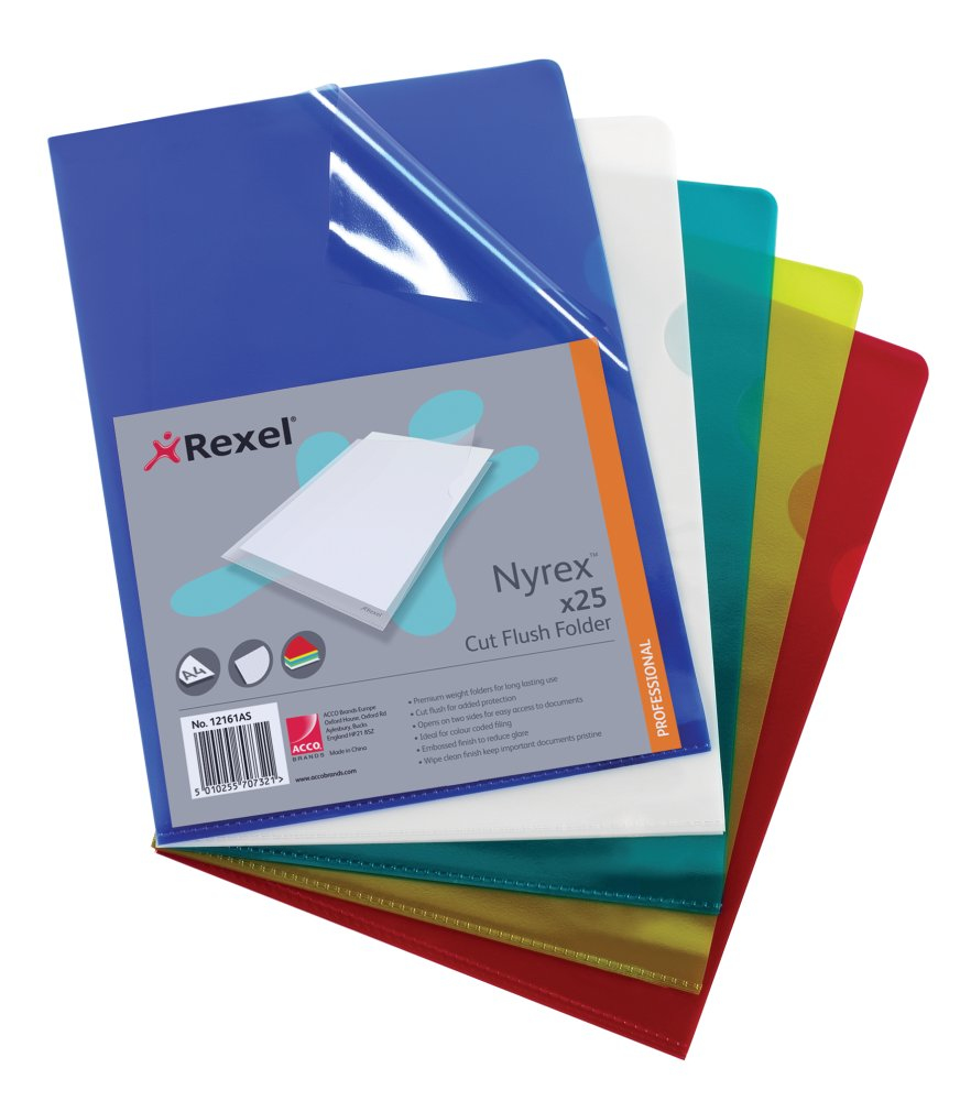 Rexel Nyrex Cut Flush Folders A4 Assorted (Pack of 25) 12161AS