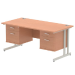Dynamic Impulse W1600 x D800 x H730mm Straight Office Desk Cantilever Leg With 2x2 Drawer Double Fixed Pedestal Beech Finish Silver Frame - MI001706 DD