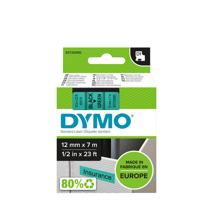 Dymo 45019 D1 LabelMaker Tape 12mm x 7m Black on Green S0720590