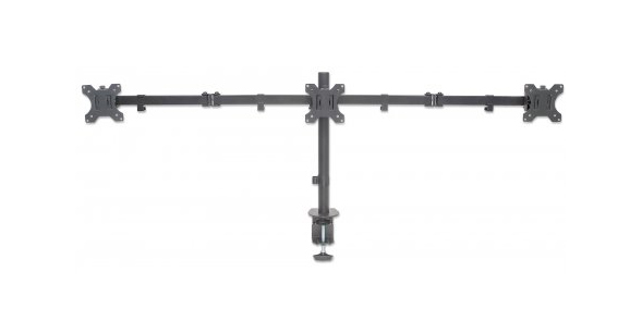 Manhattan Monitor Triple Desk Mount (clamp), 3 screens, 10-27&quot;, Vesa 75x75 to 100x100mm, 3 pivots (full motion), Height up to 44cm, Max 14kg, Black, Box