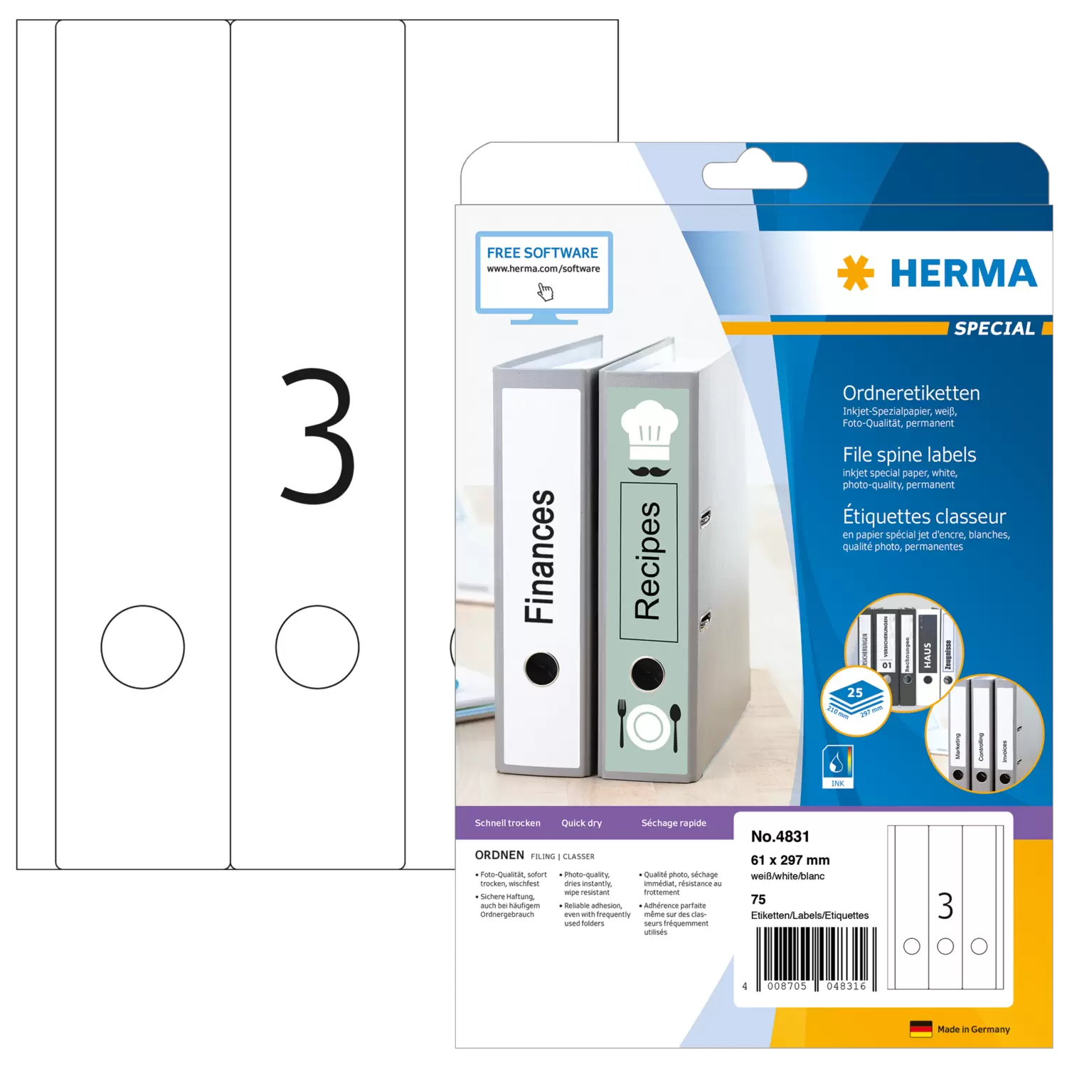 Image of HERMA Inkjet file labels A4 61x297 mm white paper matt 75 pcs.