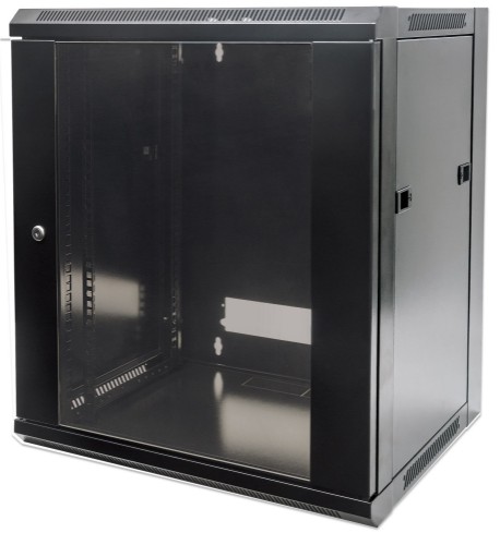 Intellinet Network Cabinet, Wall Mount (Standard), 9U, 600mm Deep, Black, Flatpack, Max 60kg, Metal & Glass Door, Back Panel, Removeable Sides, Suitable also for use on a desk or floor, 19