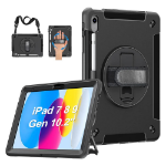 PISEN Generic Rugged Apple iPad (10.2') (9th/8th/7th Gen) Case Black - Built-in-Kickstand, Adjustable Hand Strap, Pen Holder, DropProof