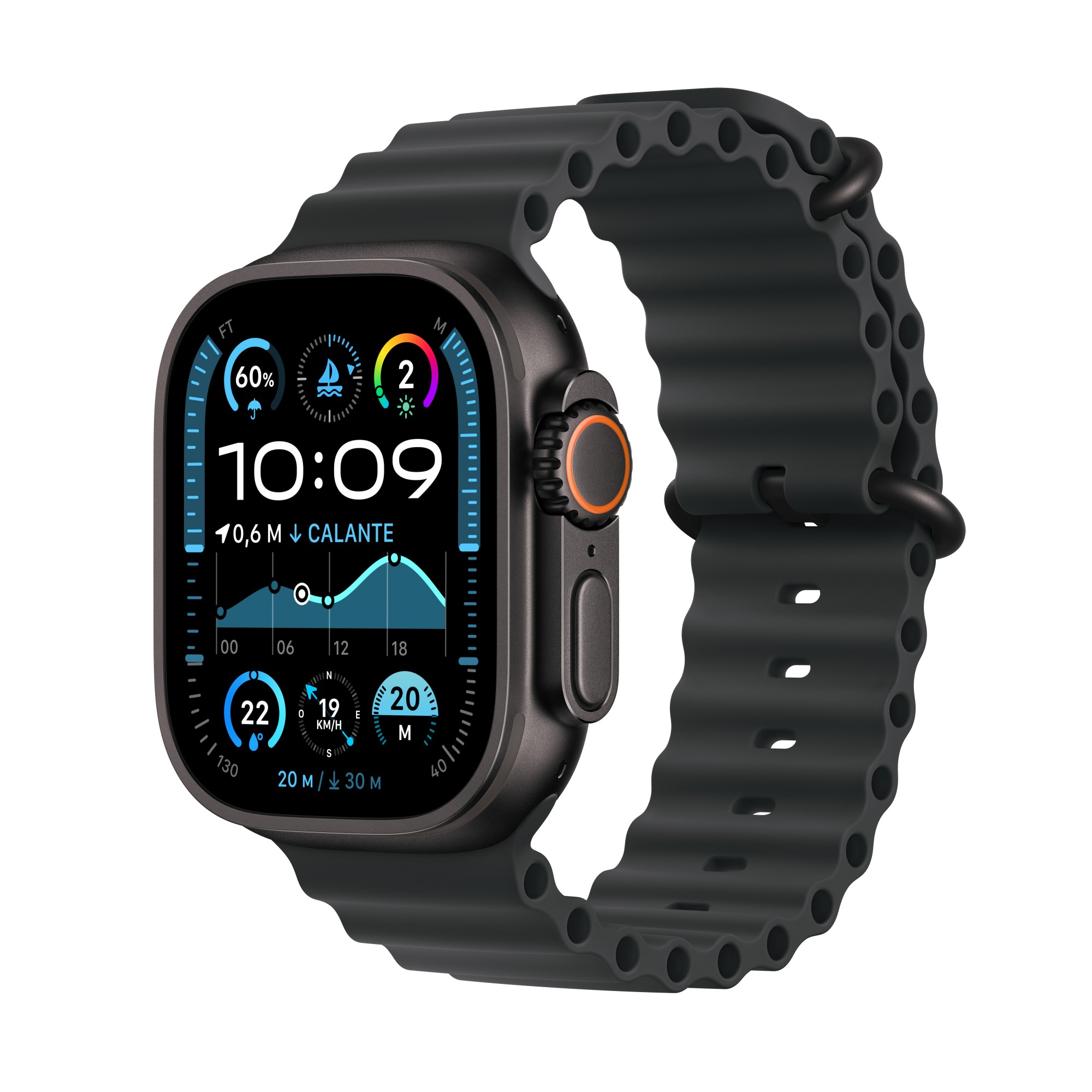 Apple Watch Ultra 2 - 49 mm - black titanium - smart watch with Ocean band - fluoroelastomer - black - wrist size: 130-200 mm - 64 GB - LTE, Wi-Fi 4, UWB, Bluetooth - 4G - 61.8 g