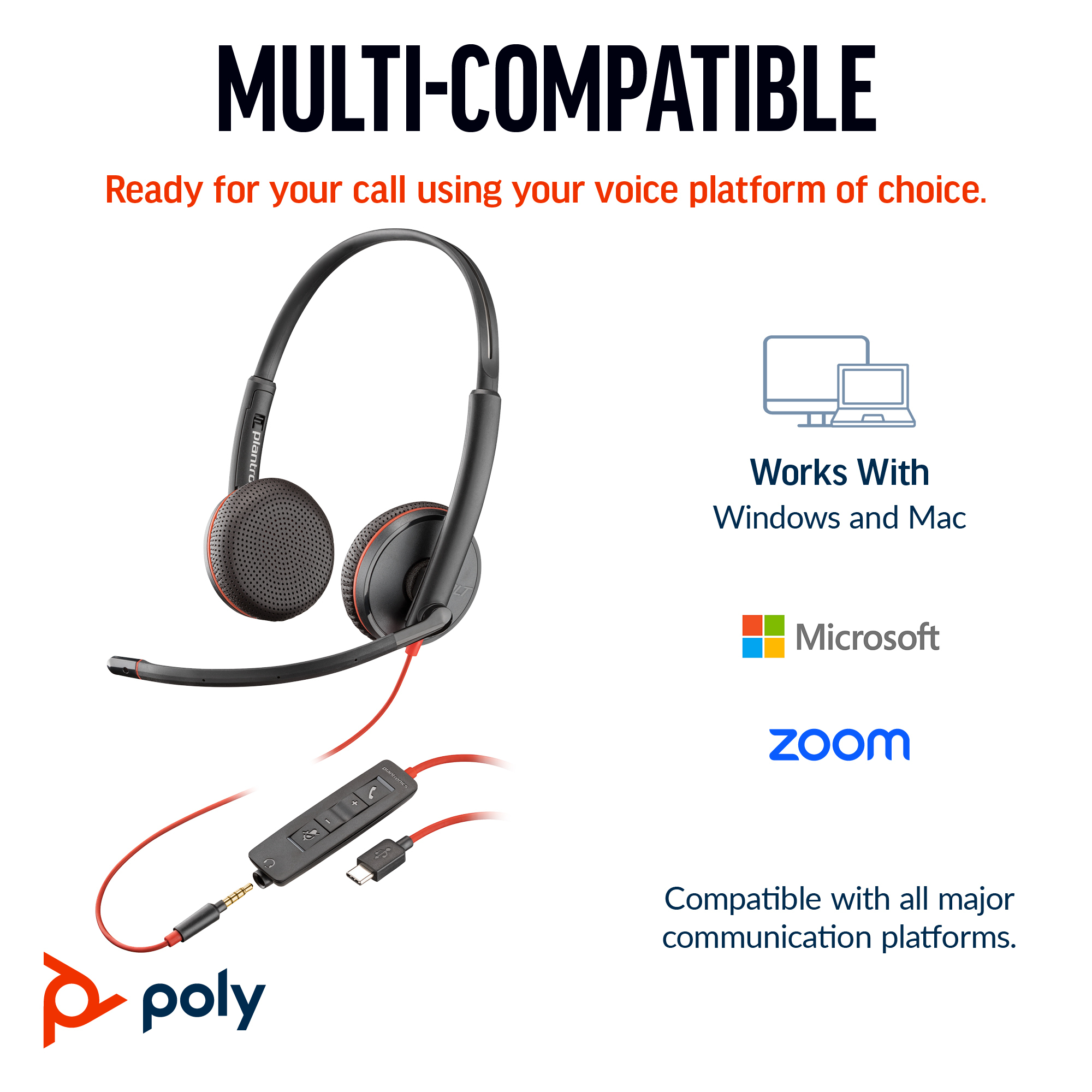 Poly Blackwire 3225 Stereo USB-C Headset +3.5mm Plug +USB-C/A Adapter Poly Blackwire 3225 Stereo USB-C Headset +3.5mm Plug +USB-C/A Adapter
