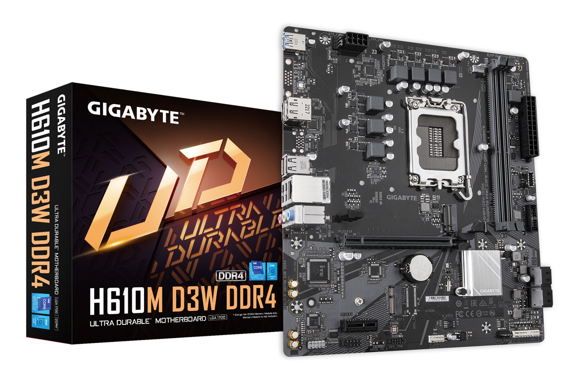 GIGABYTE H610M D3W DDR4 Motherboard - Supports 14th Gen. Intel Core CPUs, 5+1+1 phases VRM, up to 3200MHz DDR4, 1xPCIe 3.0 M.2, 1GbE LAN, USB 3.2 Gen 1