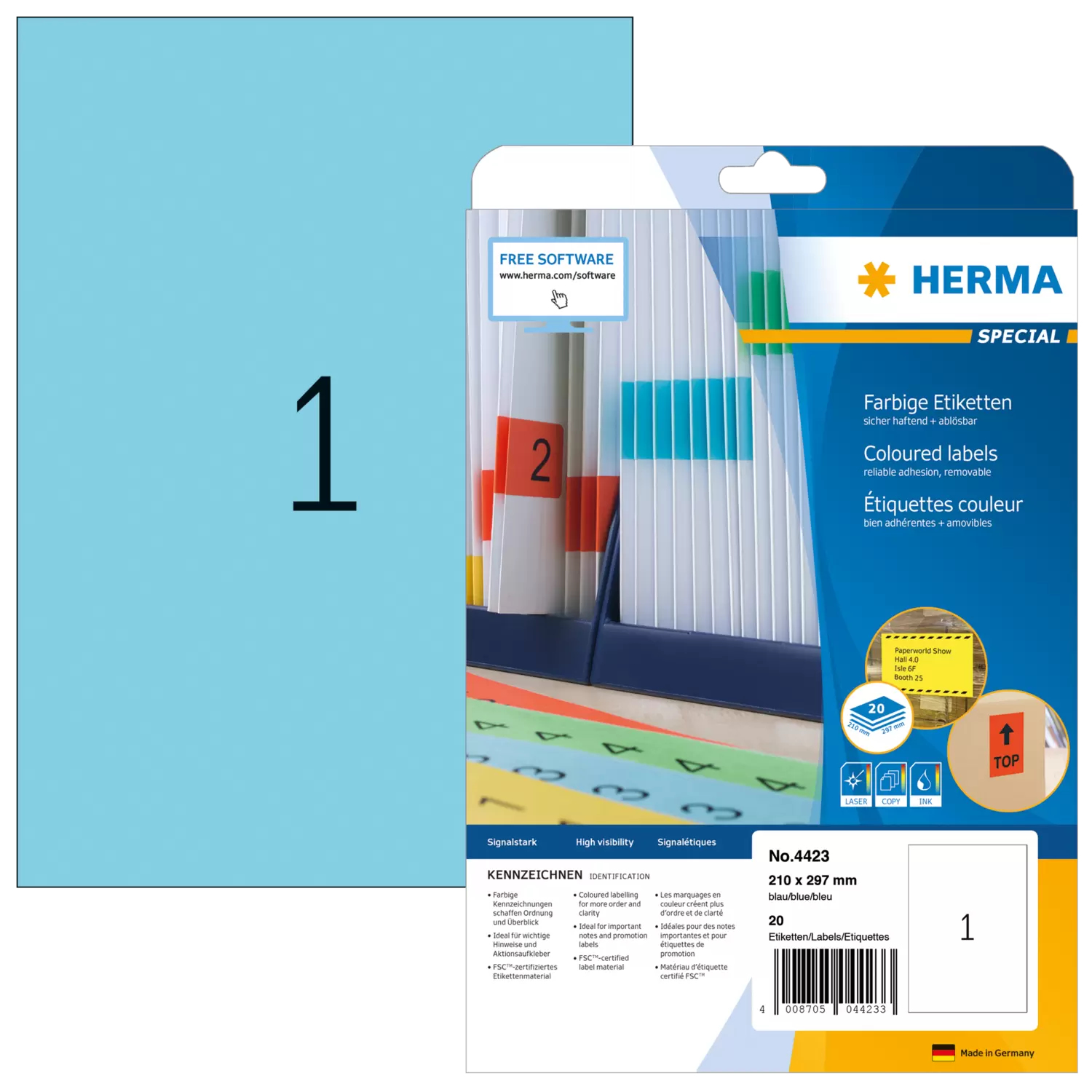 Image of HERMA Coloured Labels A4 210x297 mm blue paper matt 20 pcs.