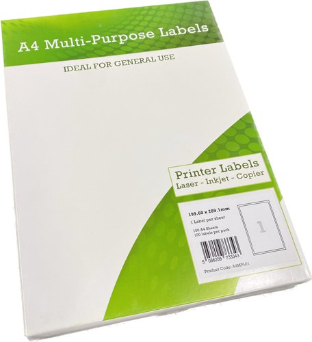CTS Wholesale A4 Multipurpose Labels 1 Per Sheet 199.6 x 289mm (White) Pk of 100