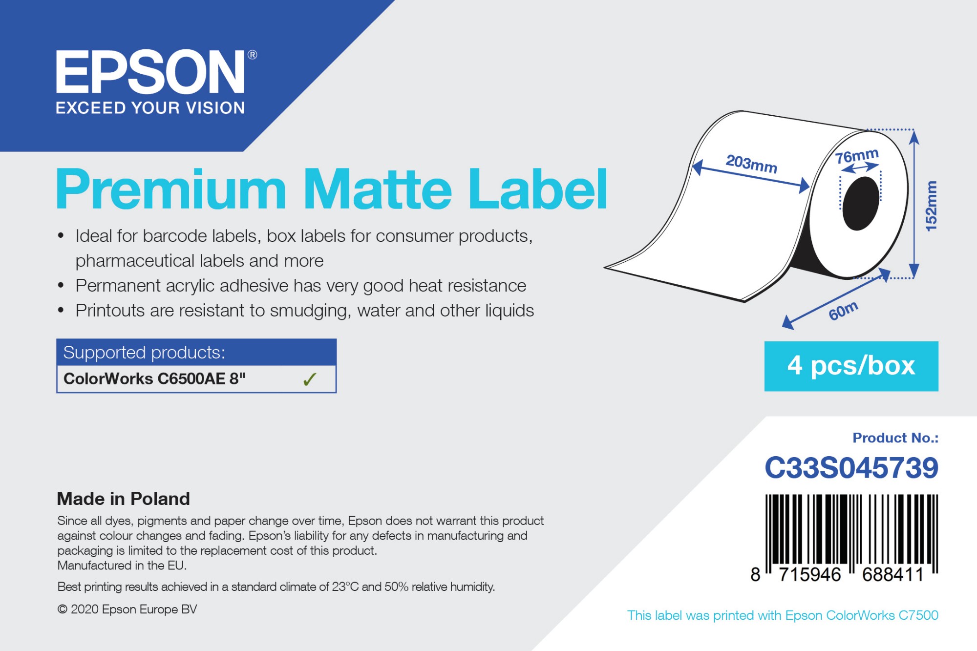 Epson White Premium Matte Label - Continuous Roll: 203Mm X 60M