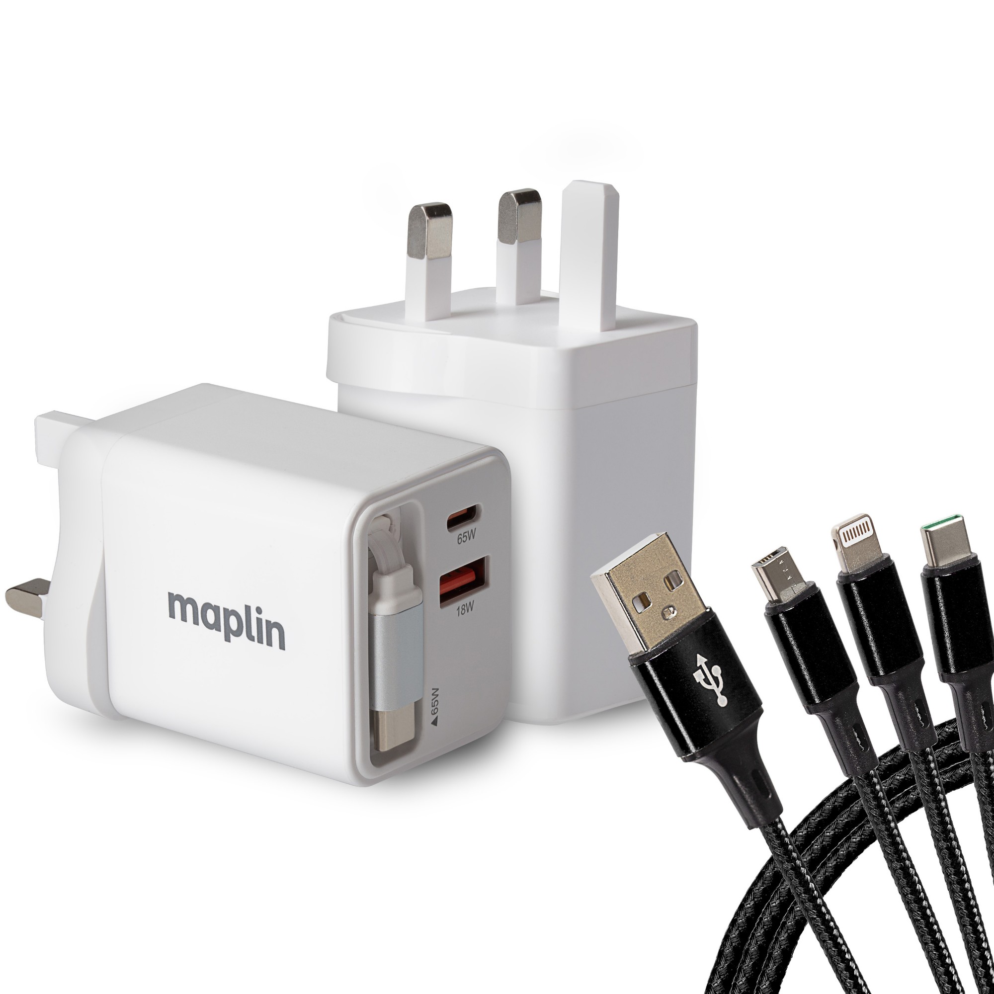 Maplin 65W 2 Port Usb-A/Usb-C Charger Built-In Usb-C Cable + Additiona
