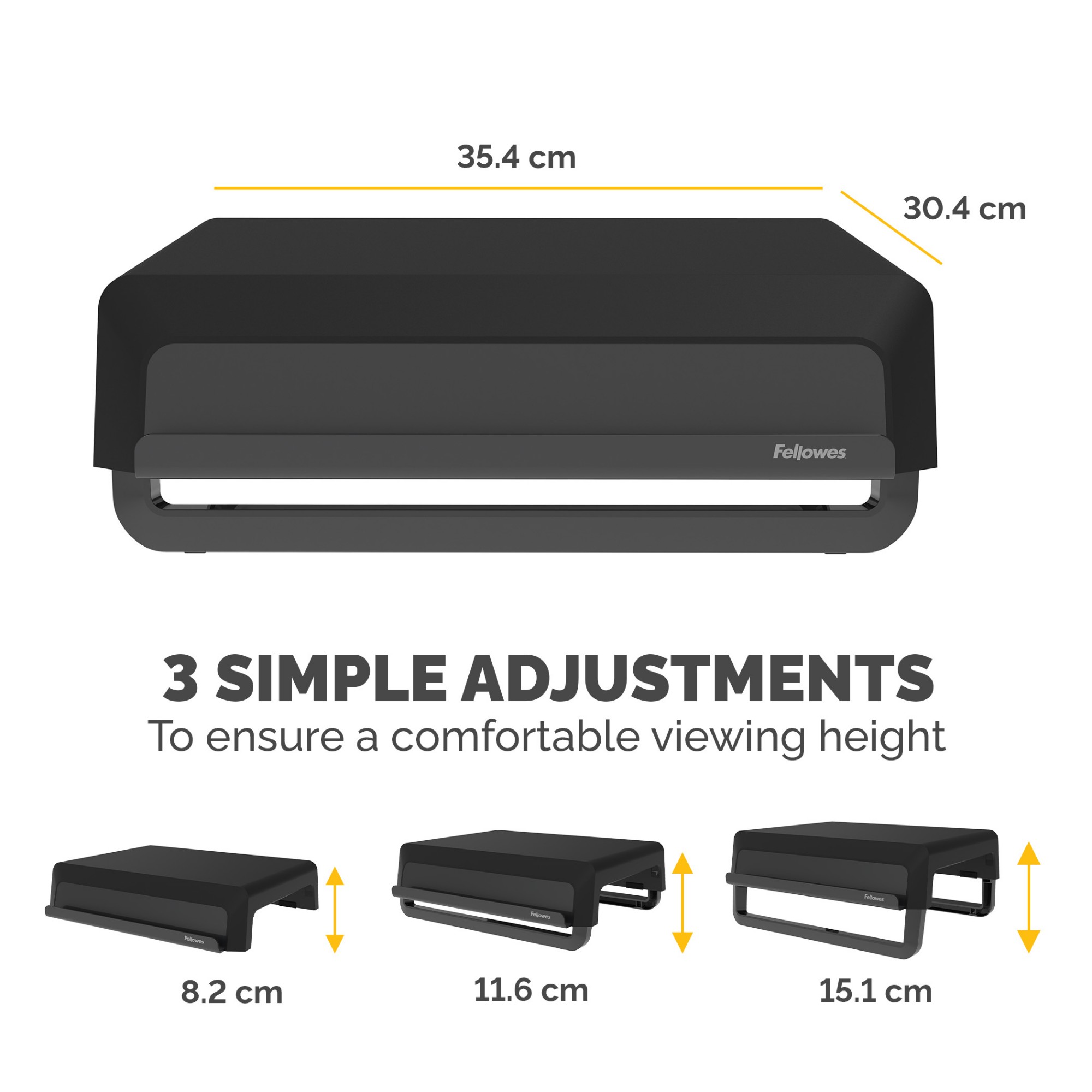 Fellowes Computer Monitor Stand with 3 Height Adjustments - Breyta Monitor Riser with Cable Management - Ergonomic Adjustable Monitor Stand for Computers - Max Weight 15KG - Black