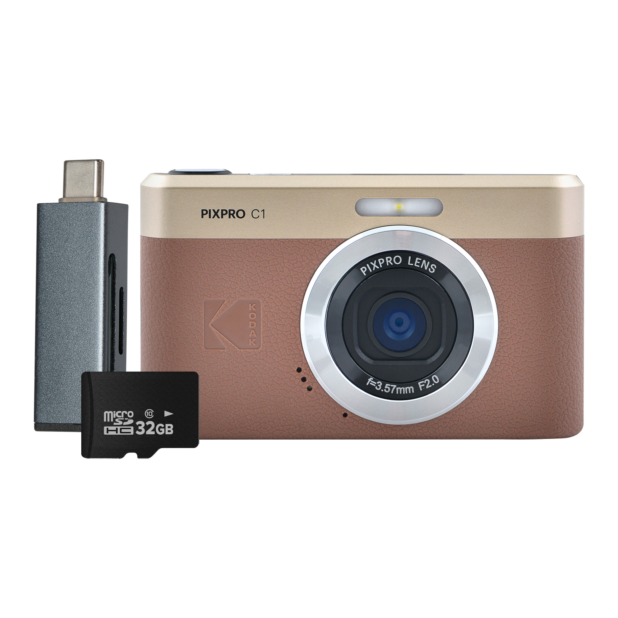 PIXPRO C1 13MP 4x Digital Zoom Compact Camera - Brown - Camera + 32GB MicroSD Card + Card Reader thumbnail