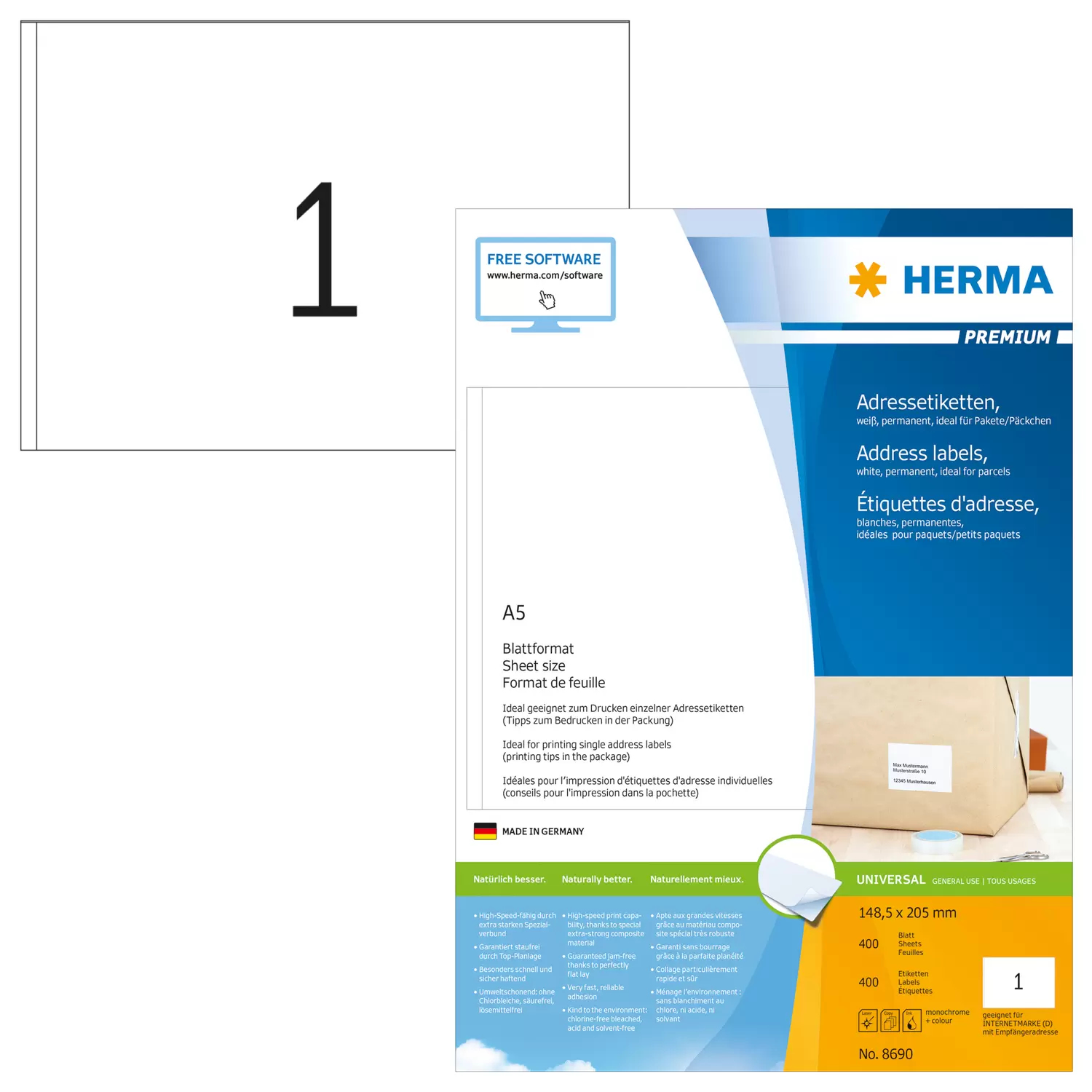 Image of HERMA Address labels Premium sheetsize A5 148.5x205 mm white paper...