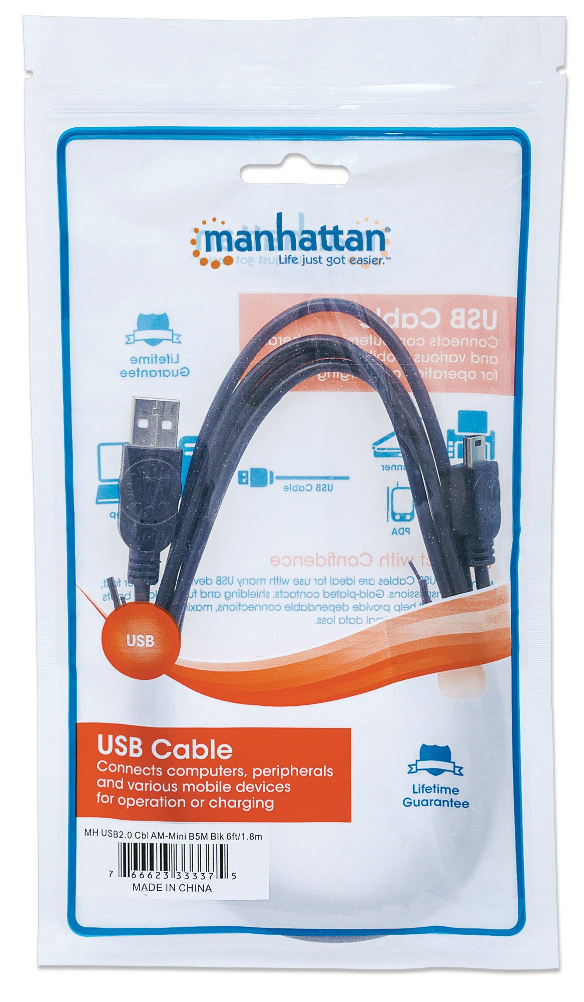 Manhattan USB-A to Mini-USB Cable, 1.8m, Male to Male, 480 Mbps (USB 2.0), Black, Polybag
