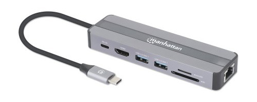 Manhattan USB-C Dock/Hub with Card Reader, Ports (x5): Ethernet, HDMI, USB-A (x2) and USB-C, With Power Delivery (87W) to USB-C Port (Note add USB-C wall charger and USB-C cable needed), All Ports can be used at the same time