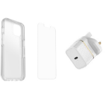 OtterBox Symmetry Clear + Alpha Glass Anti-Microbial + UK USB-C Wall Charger 20W Series for Apple iPhone 13, transparent
