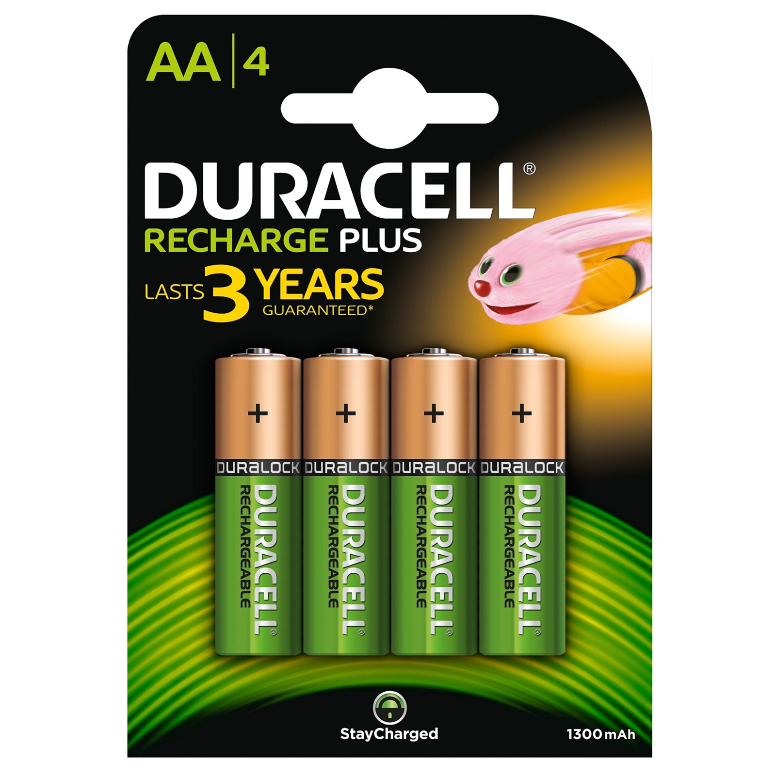 Image of Duracell Recharge Plus Pack of 4 AA 1300mAh Rechargeable Batteries