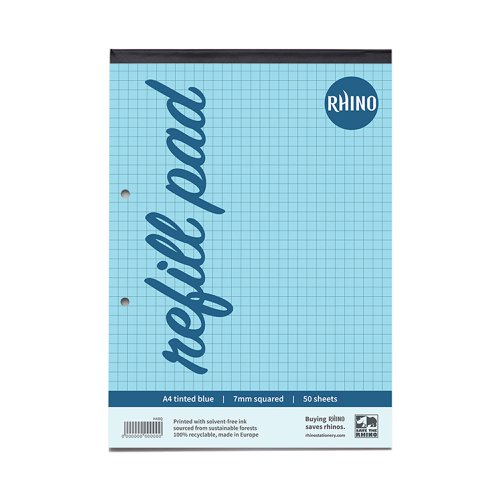 Image of Rhino A4 Blue Paper Refill Pad 100 Page 7mm Squared (Pack of 36)