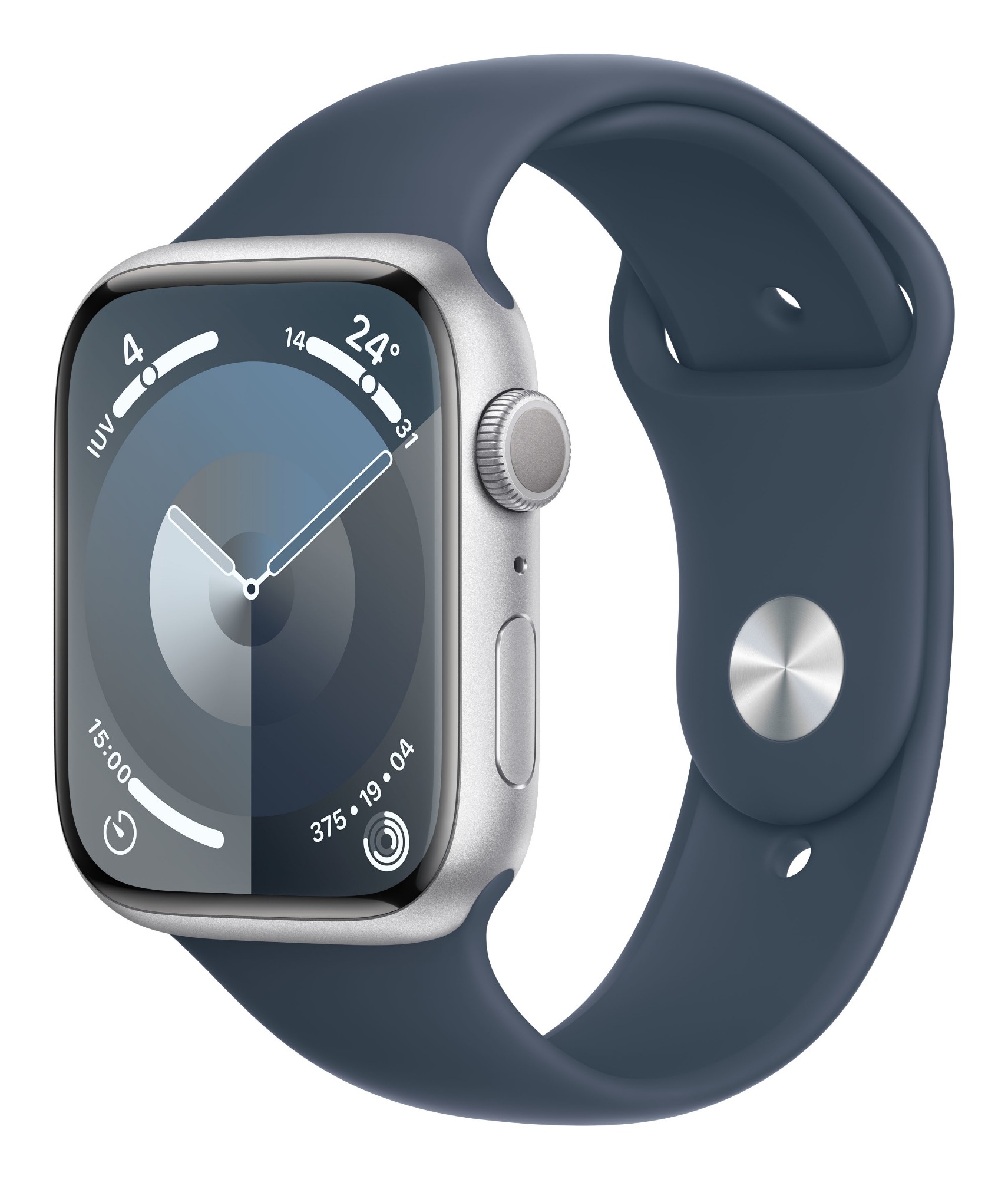 Apple Watch Series 9 GPS 45mm Silver Aluminium Case w/ Storm Blue Sport Band - M/L