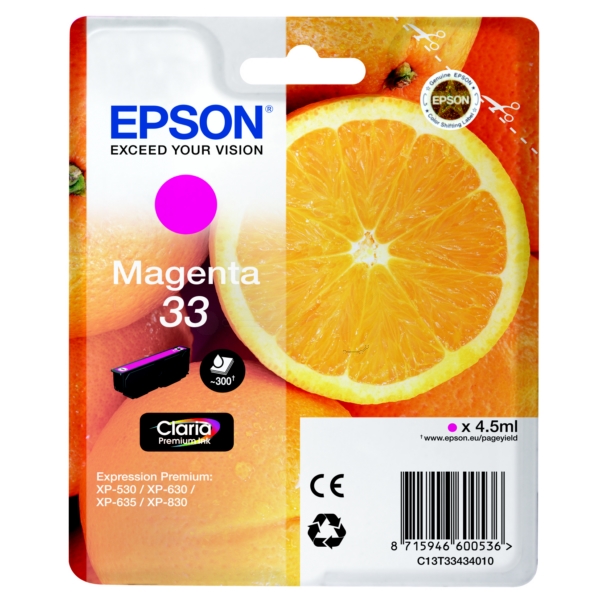Epson C13T33434012 (33) Ink cartridge magenta, 300 pages, 5ml Epson C13T33434012 (33) Ink cartridge magenta, 300 pages, 5ml