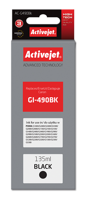 Activejet AC-G490Bk ink for Canon printer; Canon GI-490BK replacement; Supreme; 135 ml; black