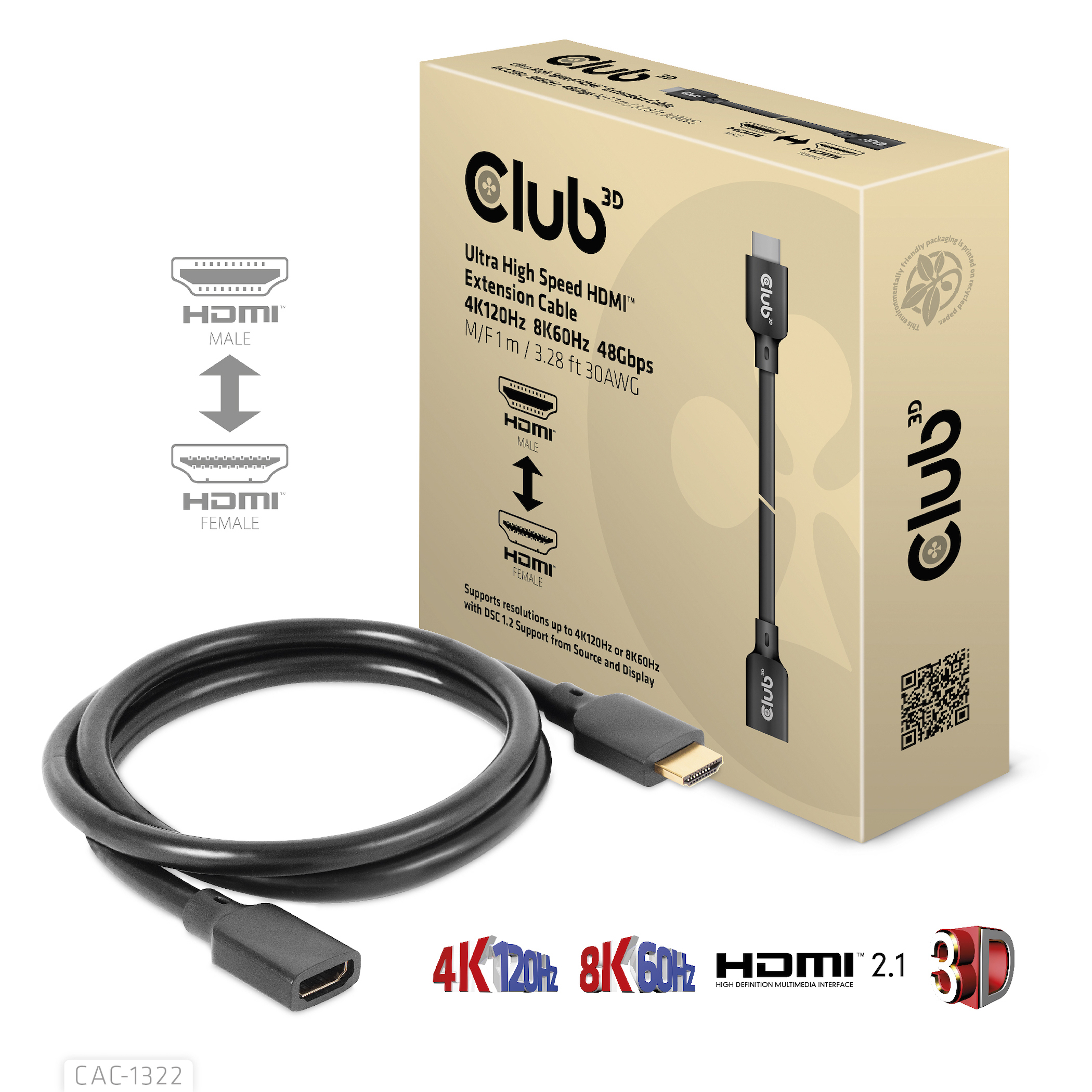 Image of CLUB3D Ultra High Speed HDMI Extension Cable 4K120Hz 8K60Hz 48Gbps...