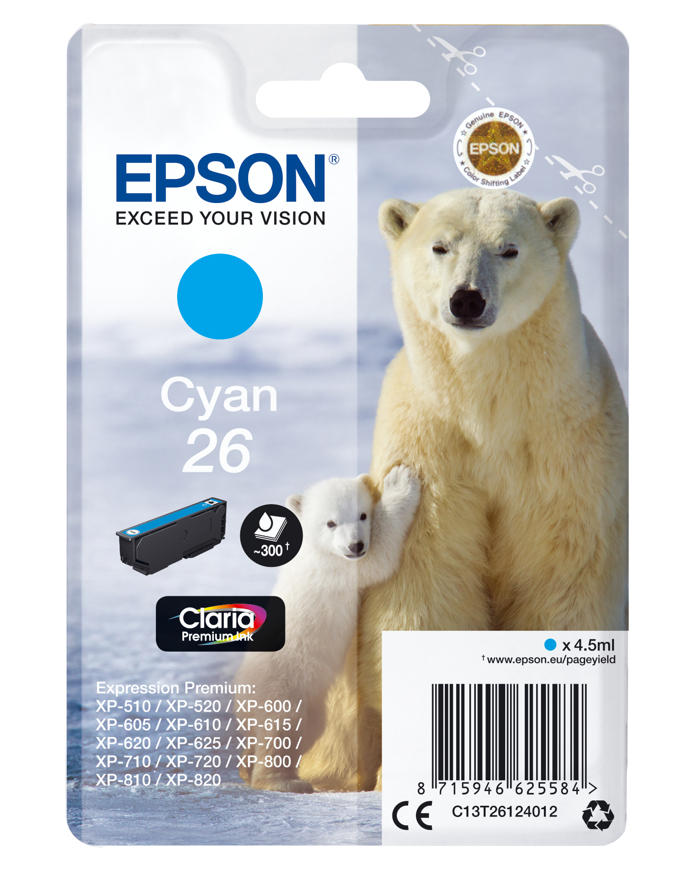 Image of Epson C13T26124012/26 Ink cartridge cyan, 300 pages ISO/IEC 19752...