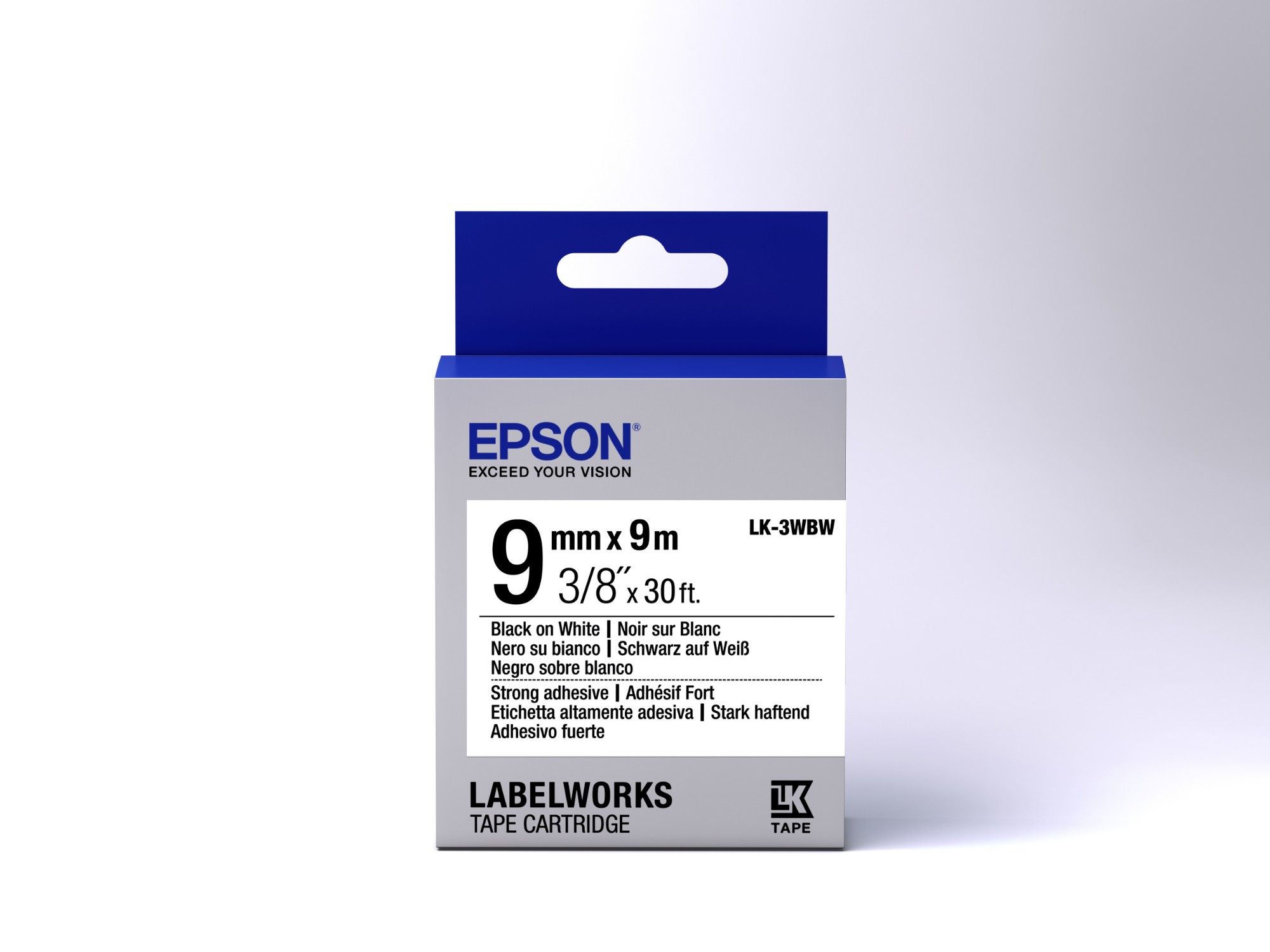 Epson etikettkassett stark självhäftande tejp – LK-3WBW stark tejp svart/vit 9/9