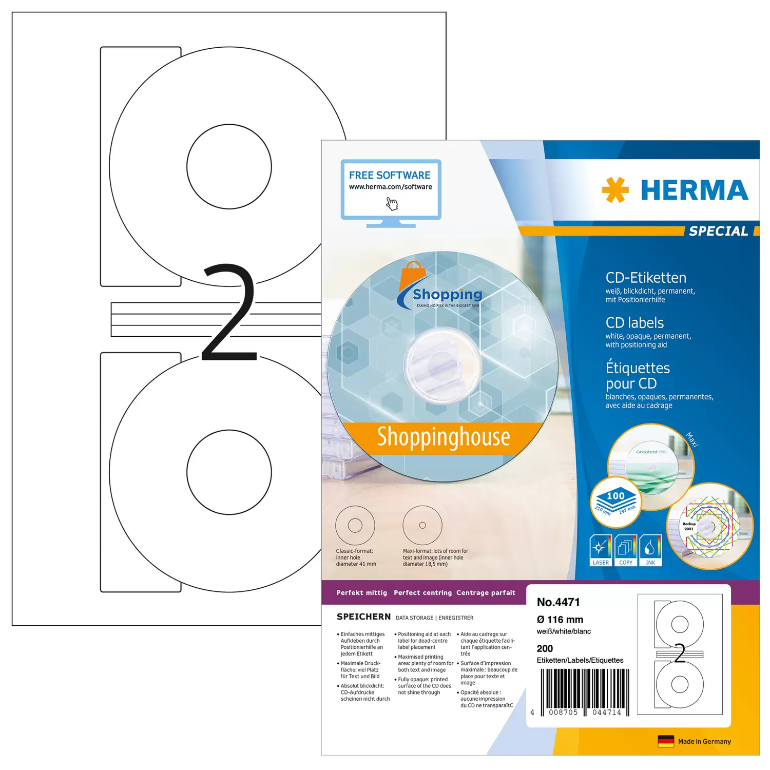 HERMA CD labels A4 Ã˜ 116 mm white paper matt opaque 200 pcs.