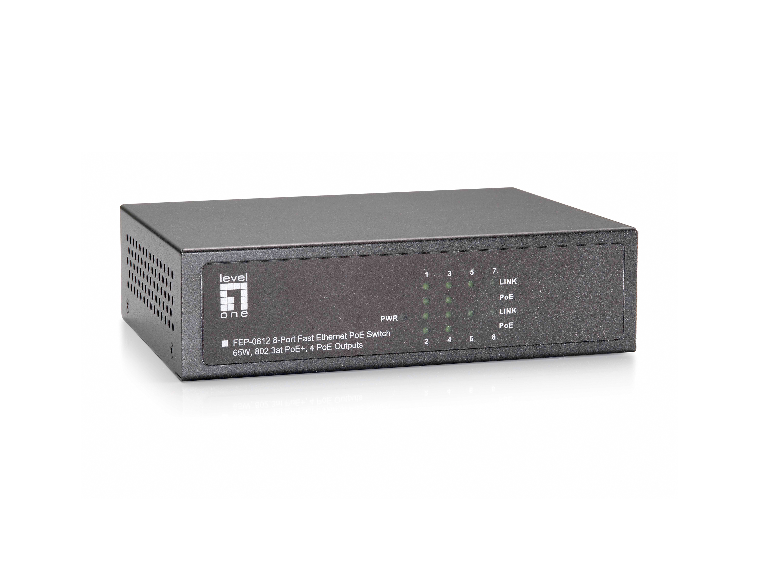 Image of LevelOne 8-Port Fast Ethernet PoE Switch, 802.3at/af PoE, 4 PoE...