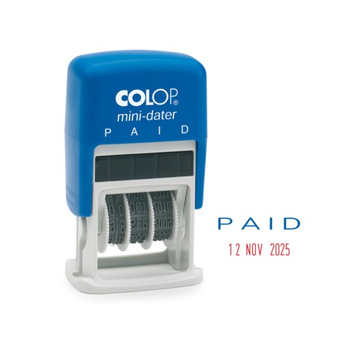 Colop S160/L2 Self-inking Mini Word and Date Stamp (PAID and 4mm Adjustable Date) Impression Size 25x12mm Blue/Red Ink