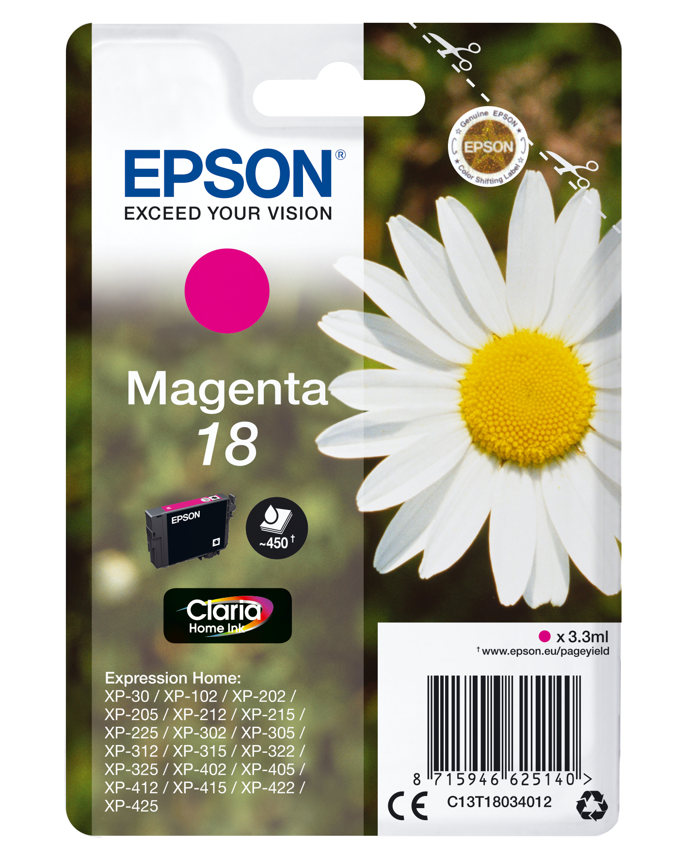 Image of Epson C13T18034012/18 Ink cartridge magenta, 180 pages ISO/IEC...