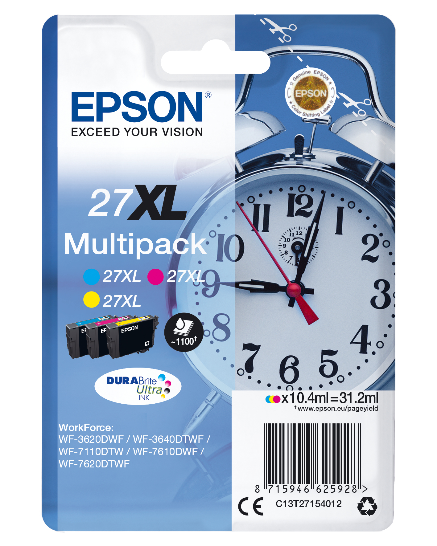Epson C13T27154010/27XL Ink cartridge multi pack C,M,Y high-capacity,  3x1.1K pages 10,4ml Pack=3 for Epson WF 3620
