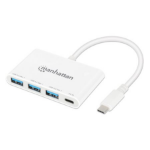 Manhattan USB-C Dock/Hub, Ports (4): USB-A (x3) and USB-C, 5 Gbps (USB 3.2 Gen1 aka USB 3.0), With Power Delivery (100W) to USB-C Port (Note additional USB-C wall charger and USB-C cable needed), SuperSpeed USB, White, PD, Three Year Warranty, Retail Box