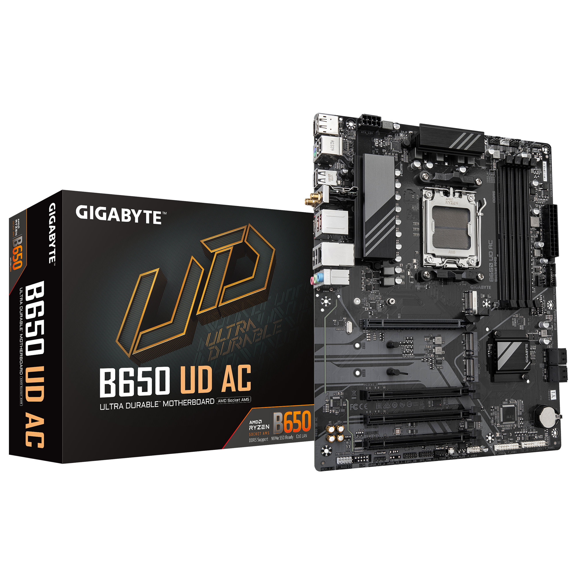 GIGABYTE B650 UD AC Motherboard - AMD Ryzen 9000 Series CPUs. 6+2+2 Ph