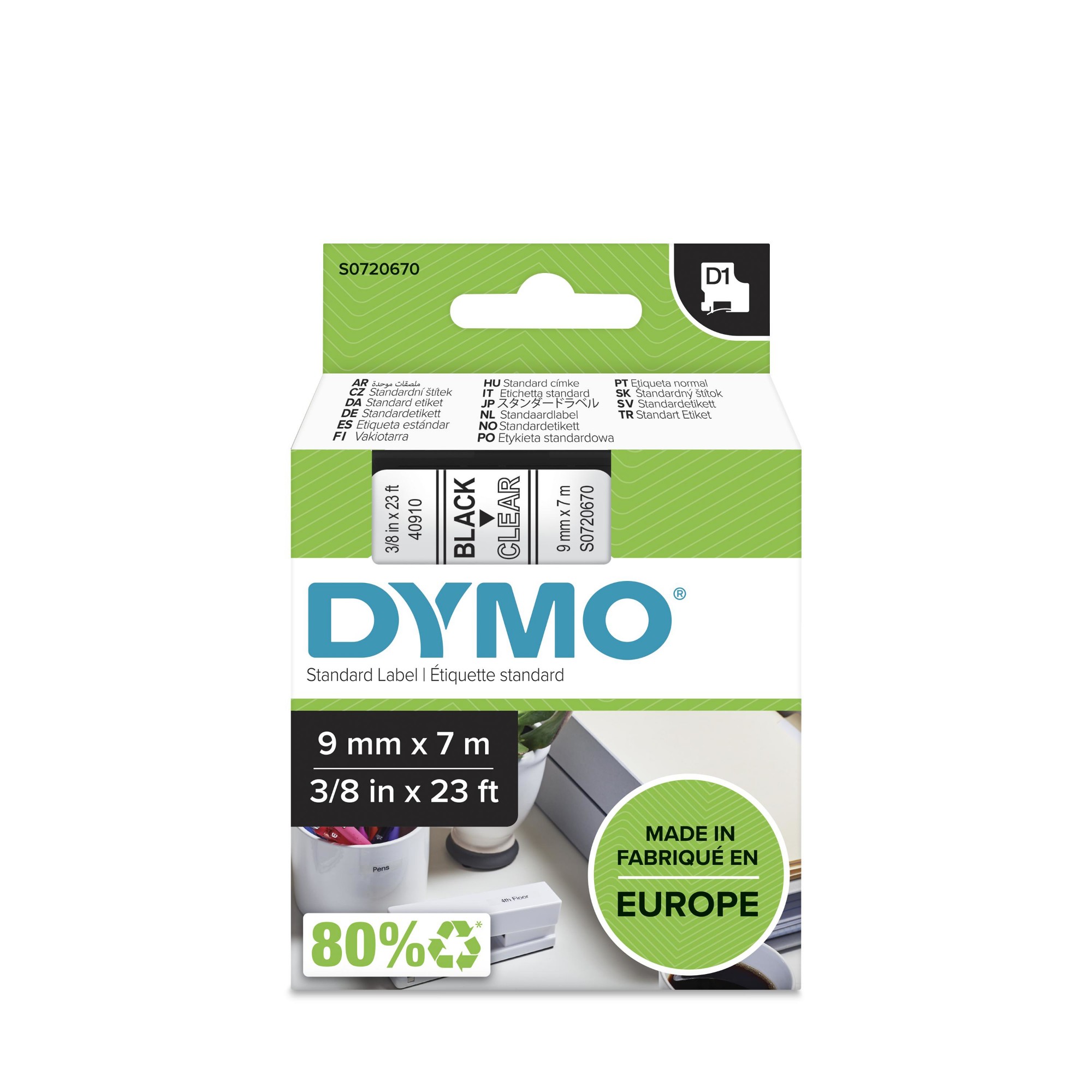 Dymo 40910 LabelMaker D1 Tape 9mm x 7m Black on Clear S0720670