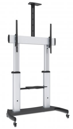 Manhattan Monitor/LFD/TV Trolley Stand, 60-100", Height adjustable 1200 to 1685mm, Camera and AV shelves, Aluminium, Vesa 200x200 to 800x600mm, Max 100kg, Silver/Black, Box