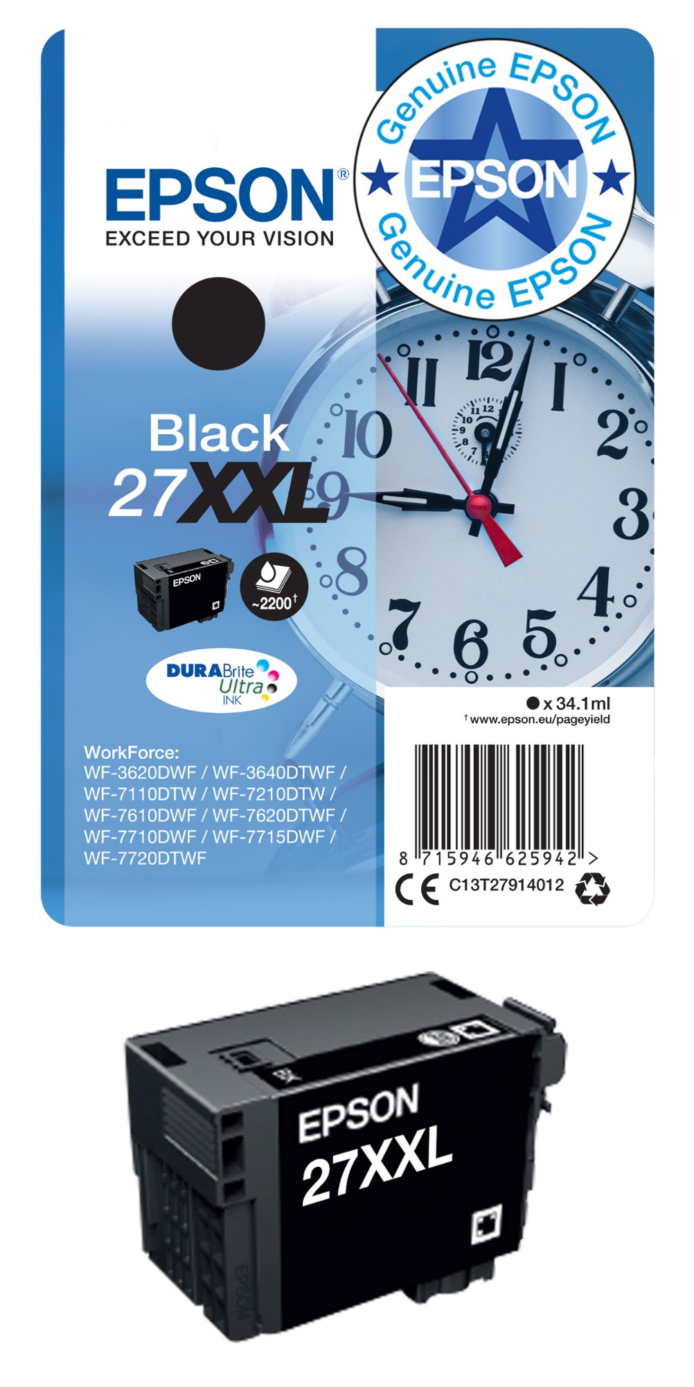 Epson 27XL Alarm Clock DURABrite Ultra Ink Cartridge High Yield Black C13T27114012