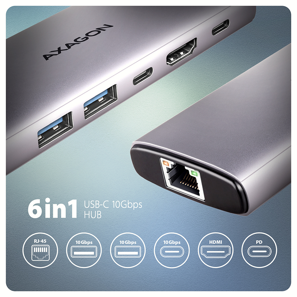 Axagon HMC-6G2L USB 10Gbps hub. 2x USB-A. 1x USB-C. HDMI 4k/60Hz. RJ-4