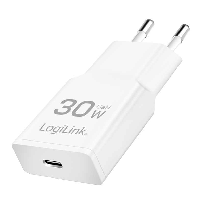 LogiLink USB-C charger, 30 W, GaN, 1-port, 1x USB-C (PD), Slim Version,  White