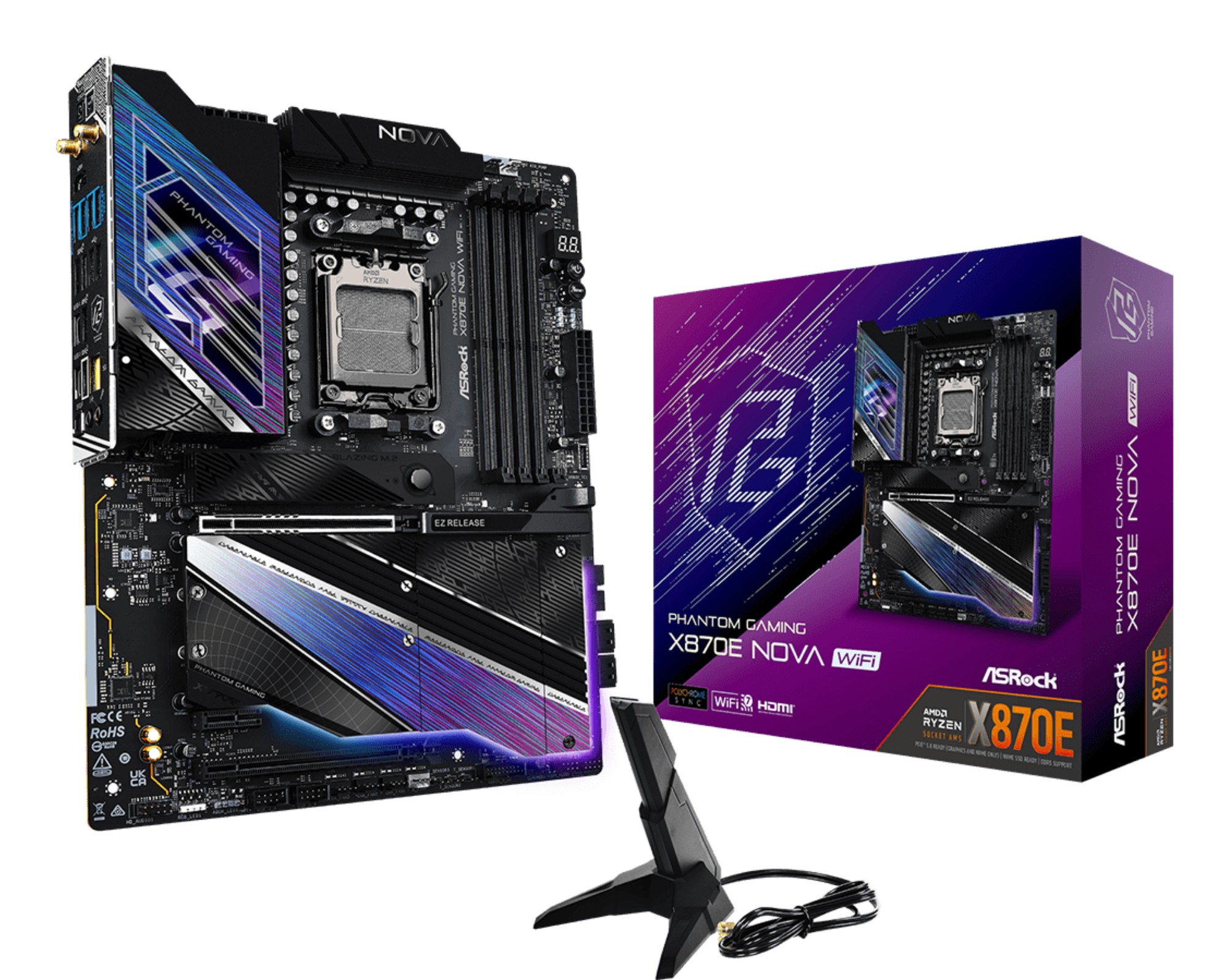 X870E Nova WiFi ASROCK X870E NOVA WIFI PHANTOM GAMING AMD AM5 Socket Motherboard, ATX, 4x DDR5 Slots, 5x M.2 Sockets, 3x USB-C Port, Fitted I/O Shield, 5GbE LAN, Wi-Fi 7, 1x HDMI Port / 2x USB-C (USB4)