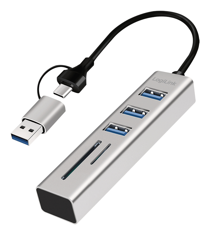 LogiLink USB 3.0 hub. 4x USB-A. 5 Gbit/s. 2-in-1 connection cable. sil