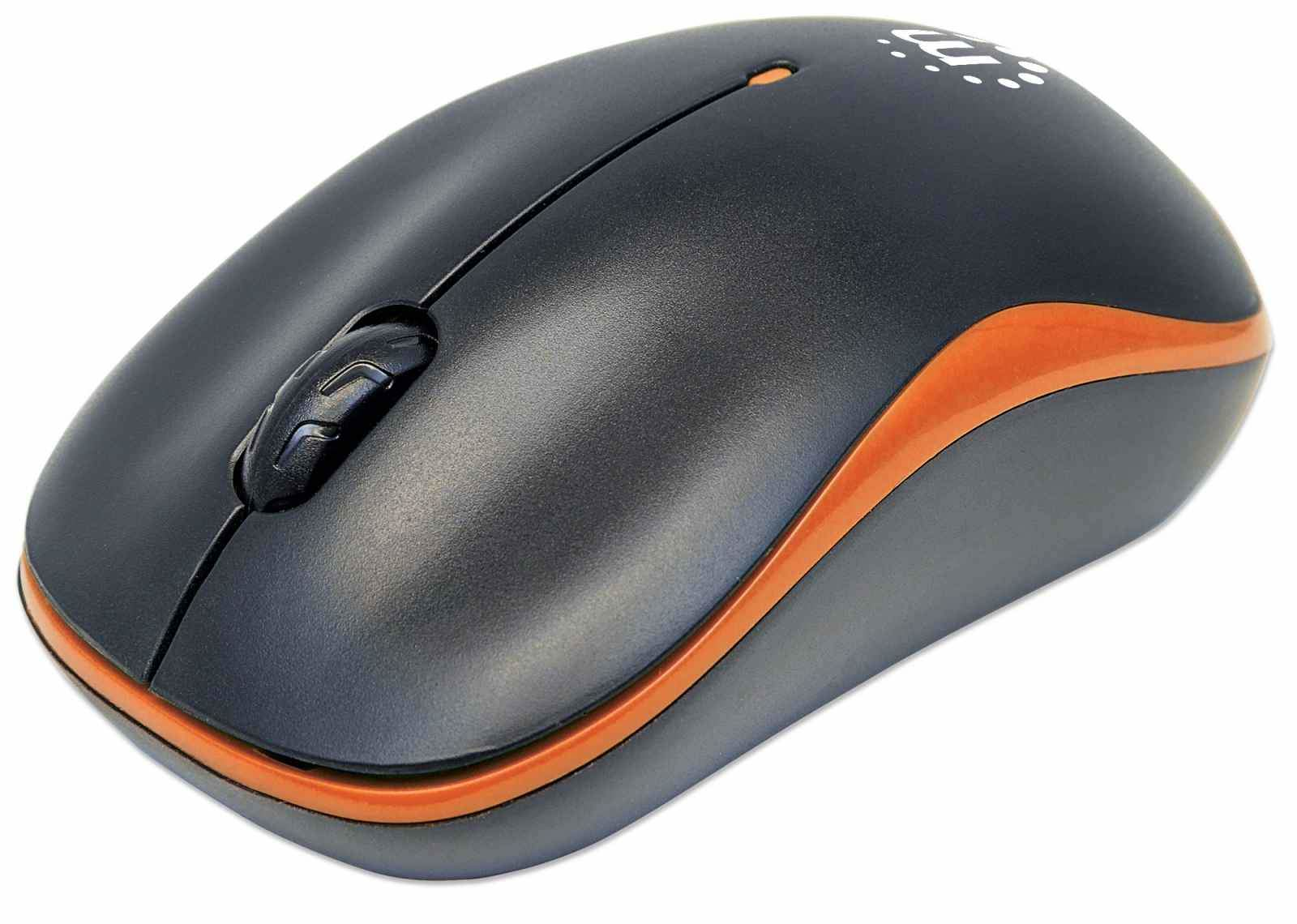 Manhattan Success Wireless Mouse (Promo), Black/Orange, 1000dpi, 2.4Ghz (up to 10m), USB, Optical, Three Button with Scroll Wheel, USB micro receiver, AA battery (included), Low friction base, Box