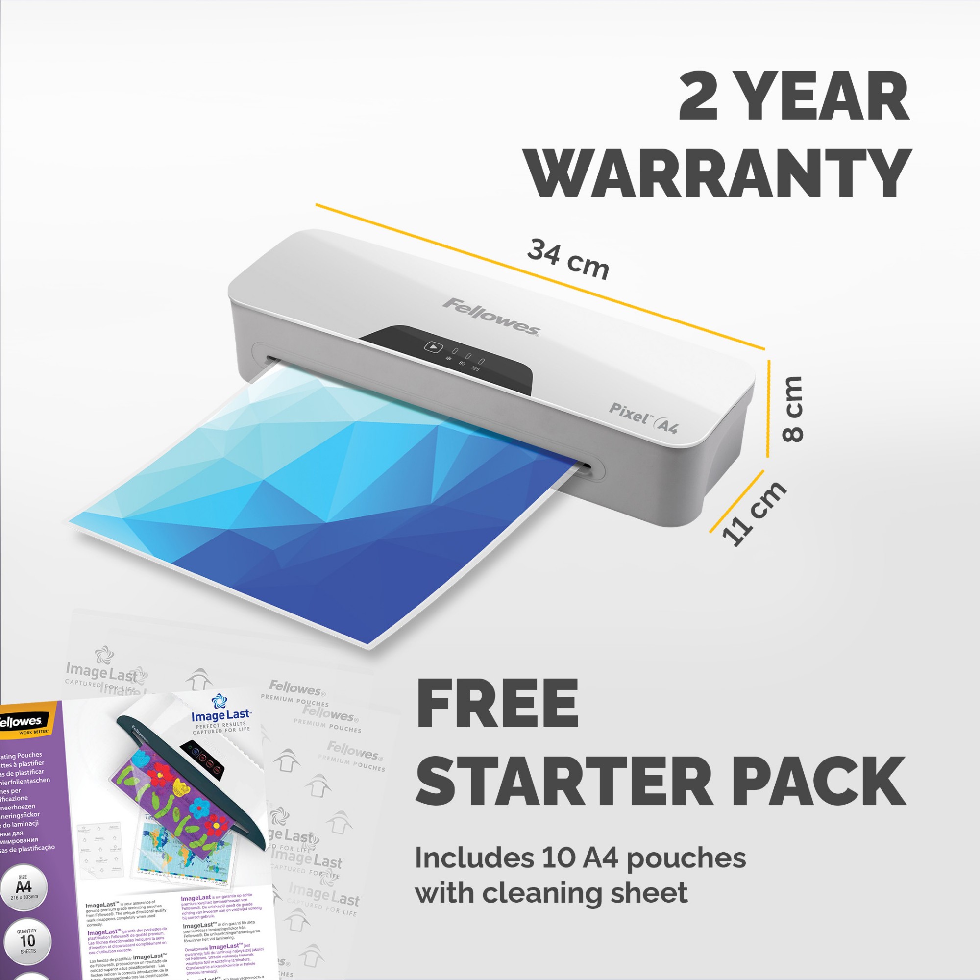 Fellowes A4 Laminator Machine Pixel A4 Laminating Machine 80 to 125 Micron 10 A4 Laminating Pouch Starter Pack Included