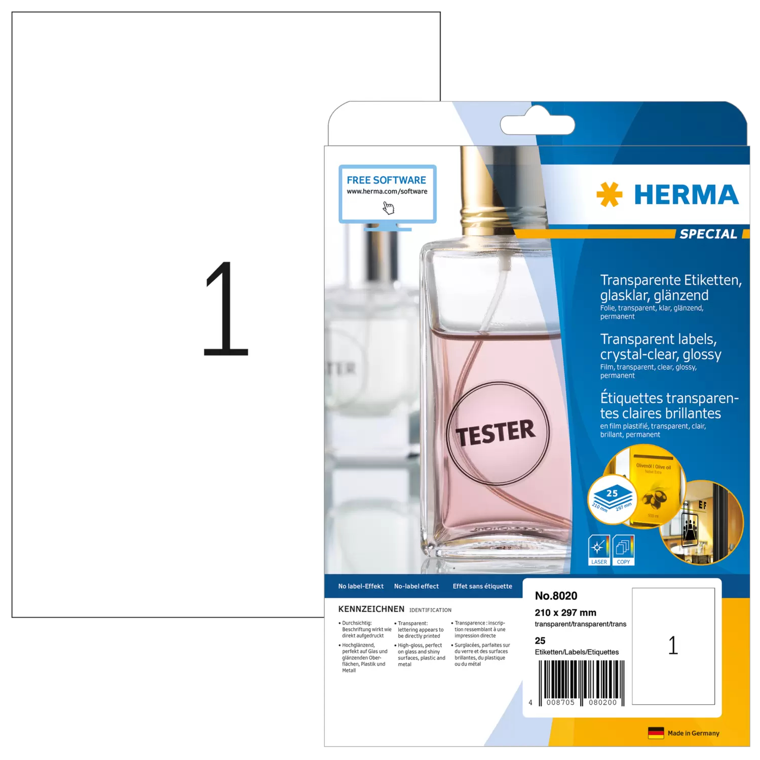 HERMA Labels transparent crystal-clear A4 210x297 mm transparent clear film glossy 25 pcs.