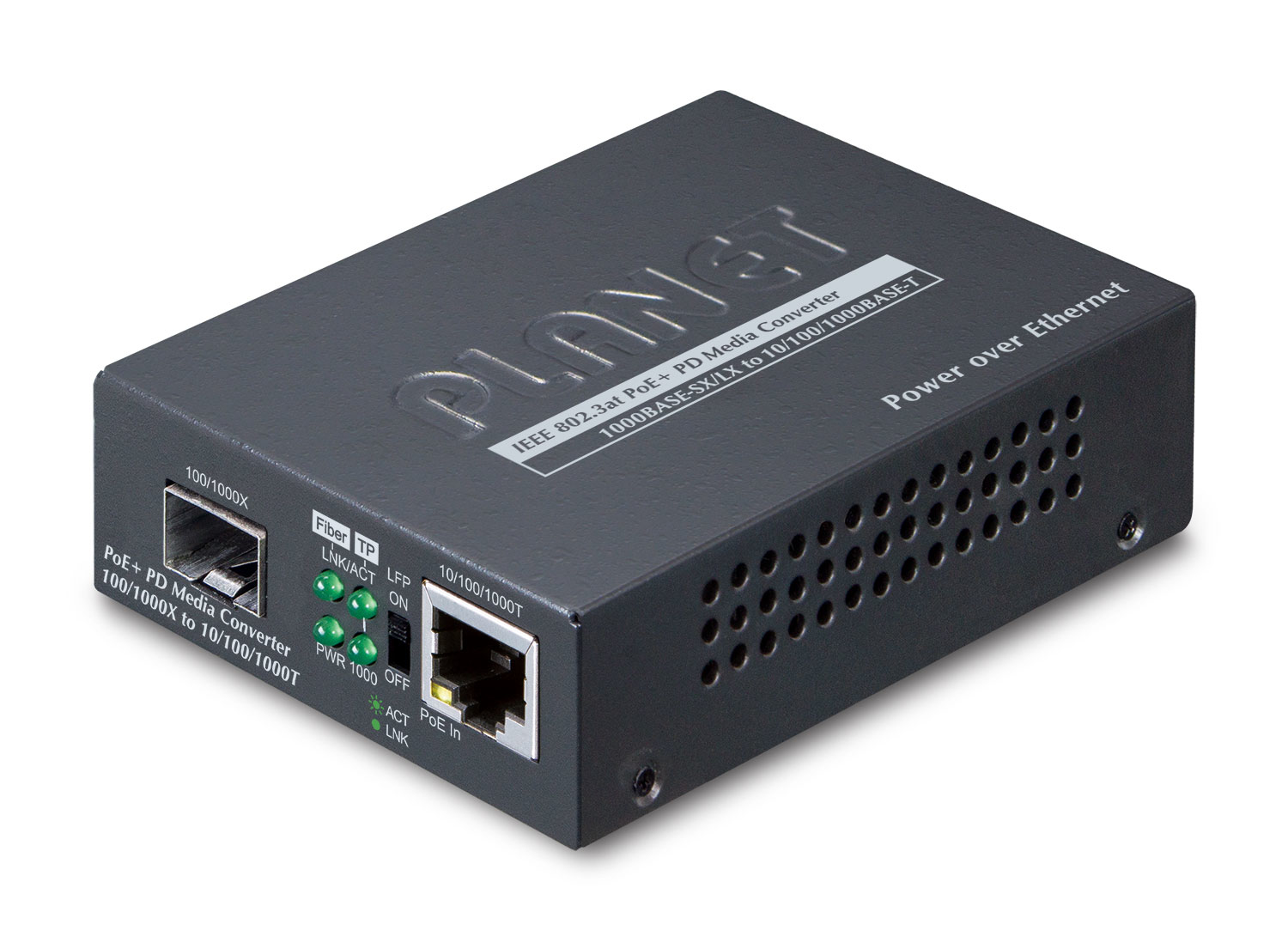PLANET 802.3at PoE+ PD mediakonverterare för nätverk 2000 Mbit/s Svart