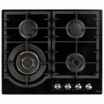 electriQ 60cm 4 Burner Gas on Glass Hob with Volcano Wok Burner - Black