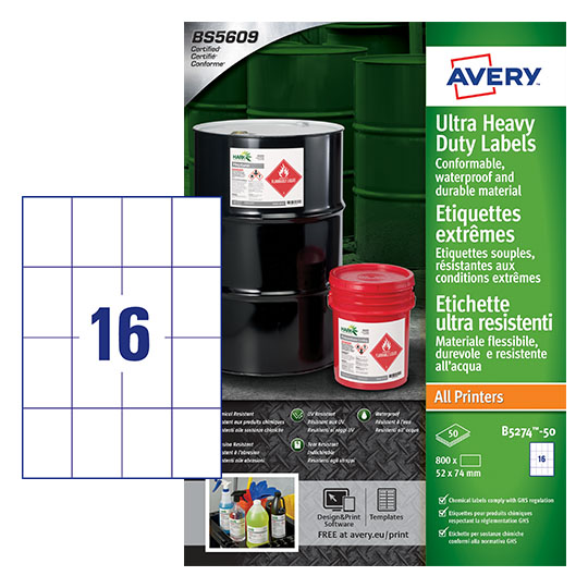 Image of Avery Heavy Duty Ultra Resistant Label 52x74mm 16 Per A4 Sheet...