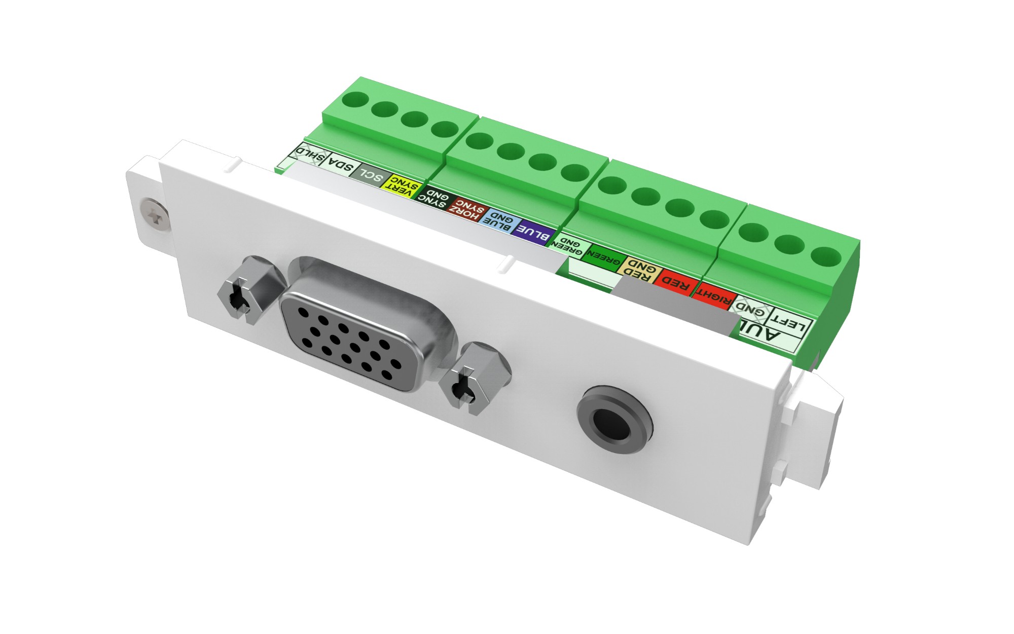 TC3 VGAF3.5MM VISION Techconnect Modular AV Faceplate - LIFETIME WARRANTY - VGA and Minijack module - female 15-pin VGA and minijack socket for audio on front - bare-wire phoenix connectors on rear - suits pre-terminated Vision cables - fixes into Techconnect surrounds - plas
