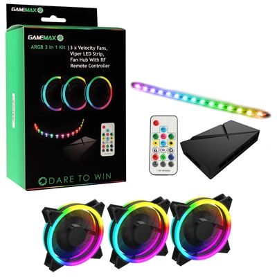 GAMEMAX Addressable RGB 3-in-1 Kit with 3 Velocity Fans, 0.3m Viper LED Strip & PWM Fan Hub with RF Remote C GAMEMAX Addressable RGB 3-in-1 Kit with 3 Velocity Fans, 0.3m Viper LED Strip & PWM Fan Hub with RF Remote C